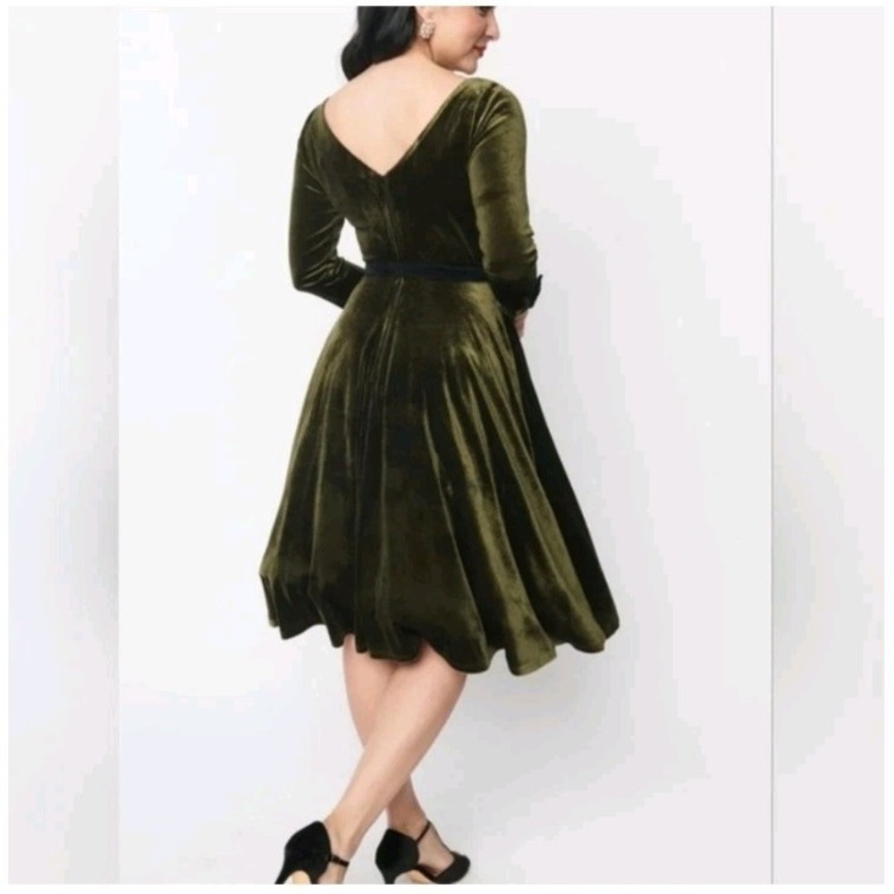 Unique Vintage Green Velvet Bow Devin 3/4 Sleeve Pin Up Swing Midi Dress XL - Picture 2 of 13